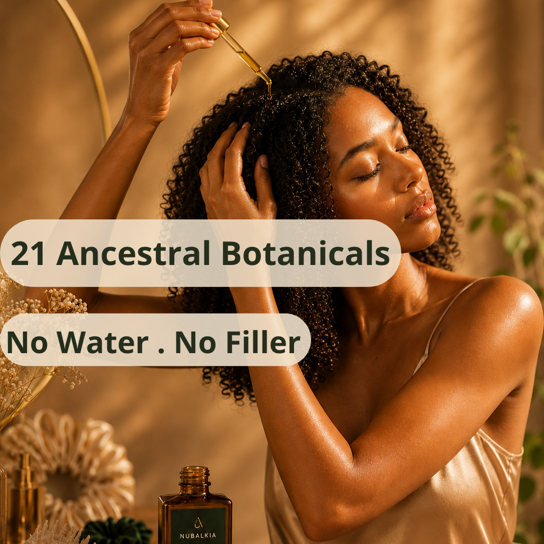 Woman applying NUBALKIA hair growth elixir on natural curly hair golden light