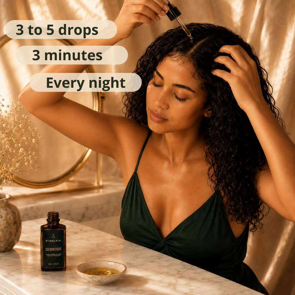 NUBALKIA elixir application 3 drops 3 minutes every night ritual textured hair