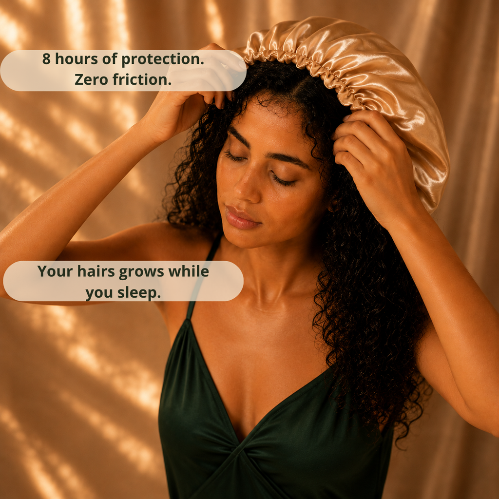 Woman putting on NUBALKIA silk bonnet 8 hours protection zero friction
