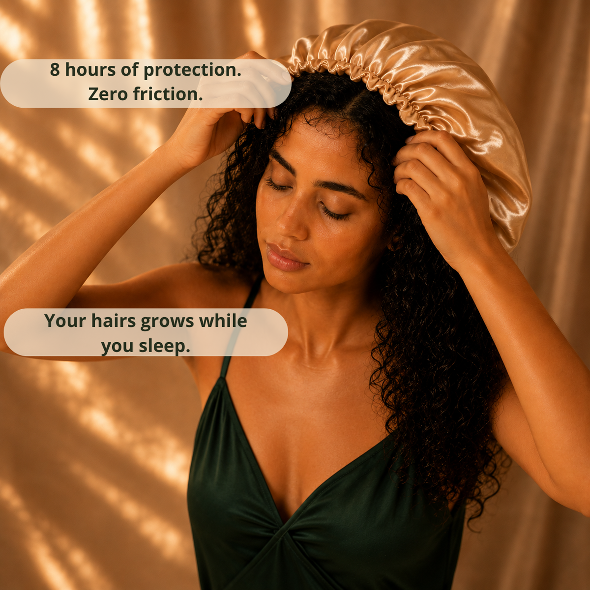 Woman putting on NUBALKIA silk bonnet 8 hours protection zero friction