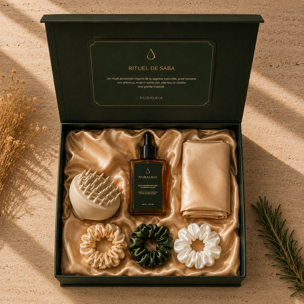 Le Rituel de Saba NUBALKIA coffret open champagne silk elixir bonnet massager scrunchies