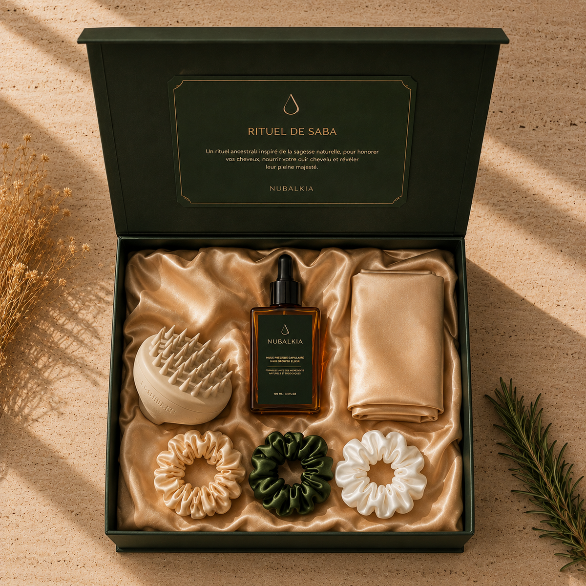 Le Rituel de Saba NUBALKIA coffret open champagne silk elixir bonnet massager scrunchies