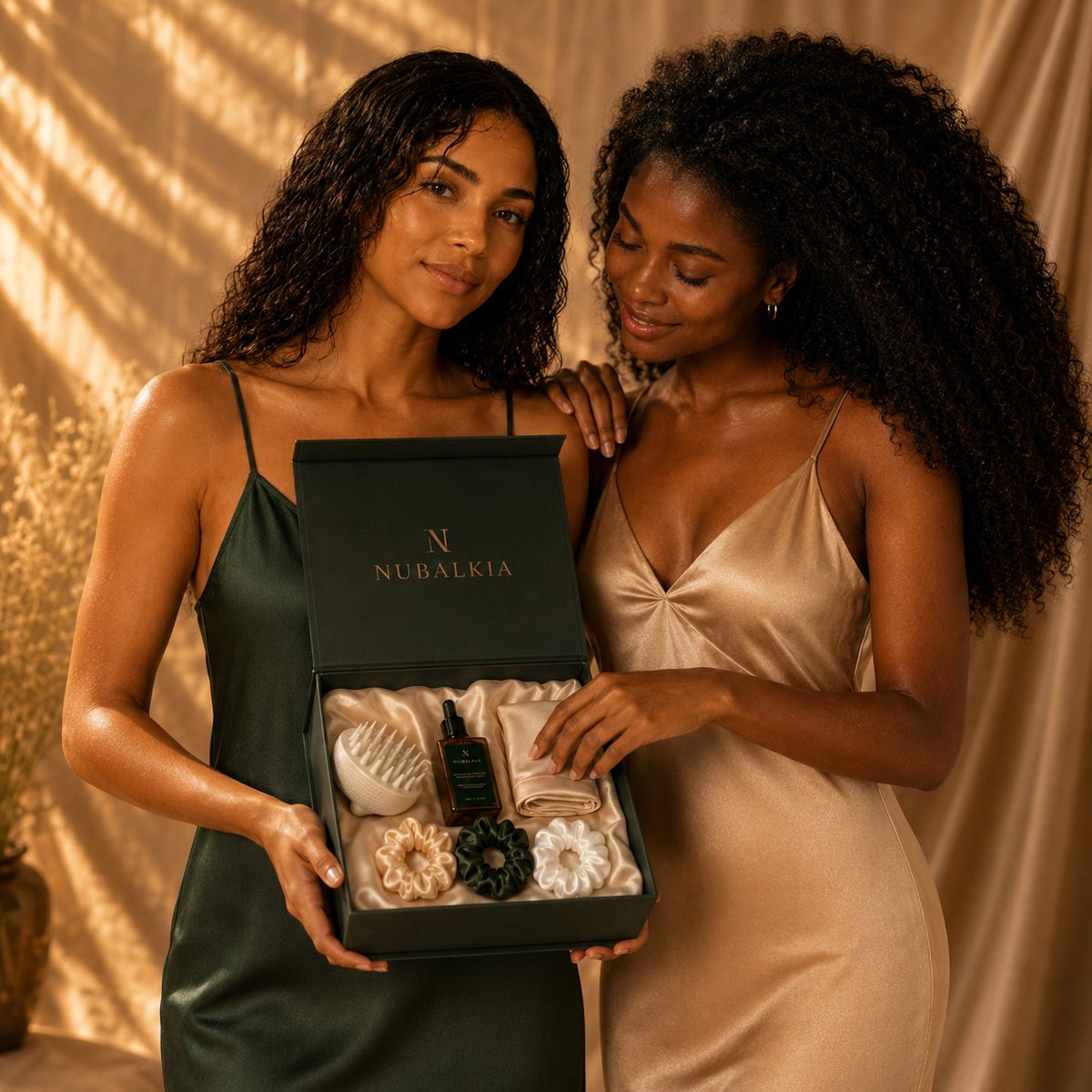 Two women presenting NUBALKIA Le Rituel de Saba coffret unboxing discovery