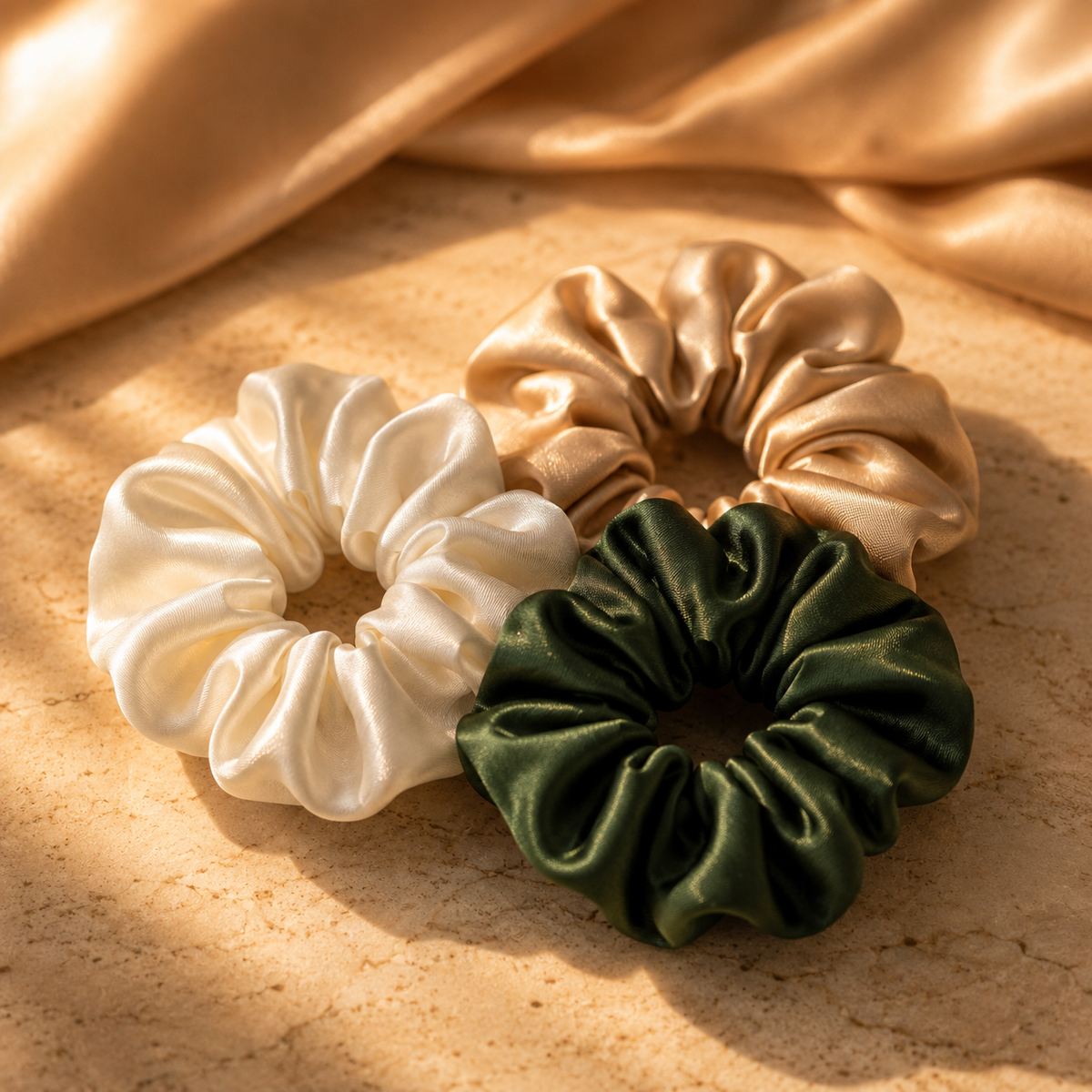NUBALKIA silk scrunchies trio Grade 6A Mulberry silk ivory champagne forest green