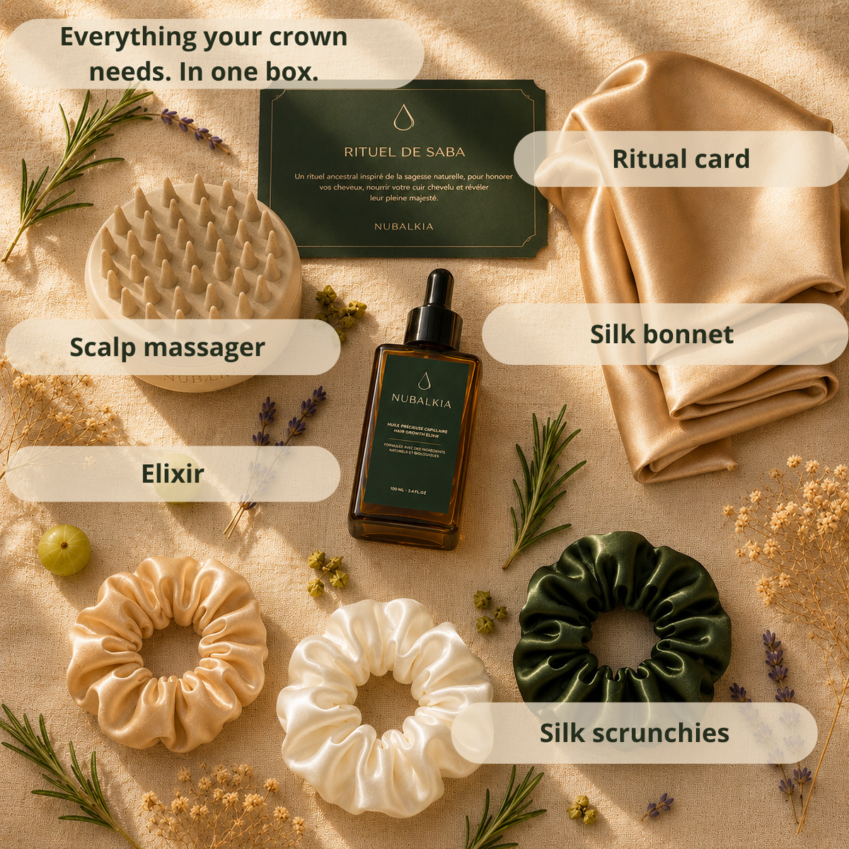 NUBALKIA Le Rituel de Saba all products flat lay elixir bonnet massager scrunchies ritual card