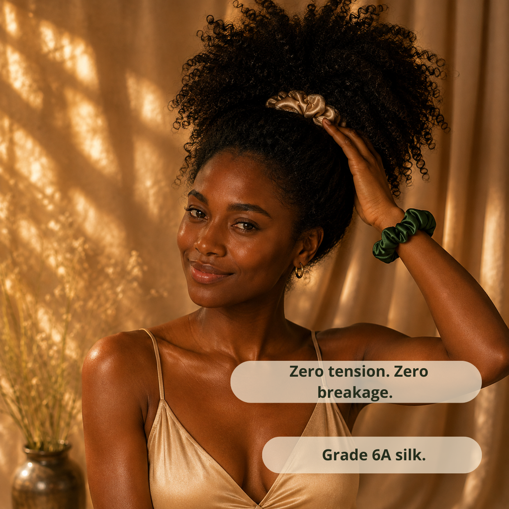Woman wearing NUBALKIA silk scrunchie high puff natural curly hair zero breakage