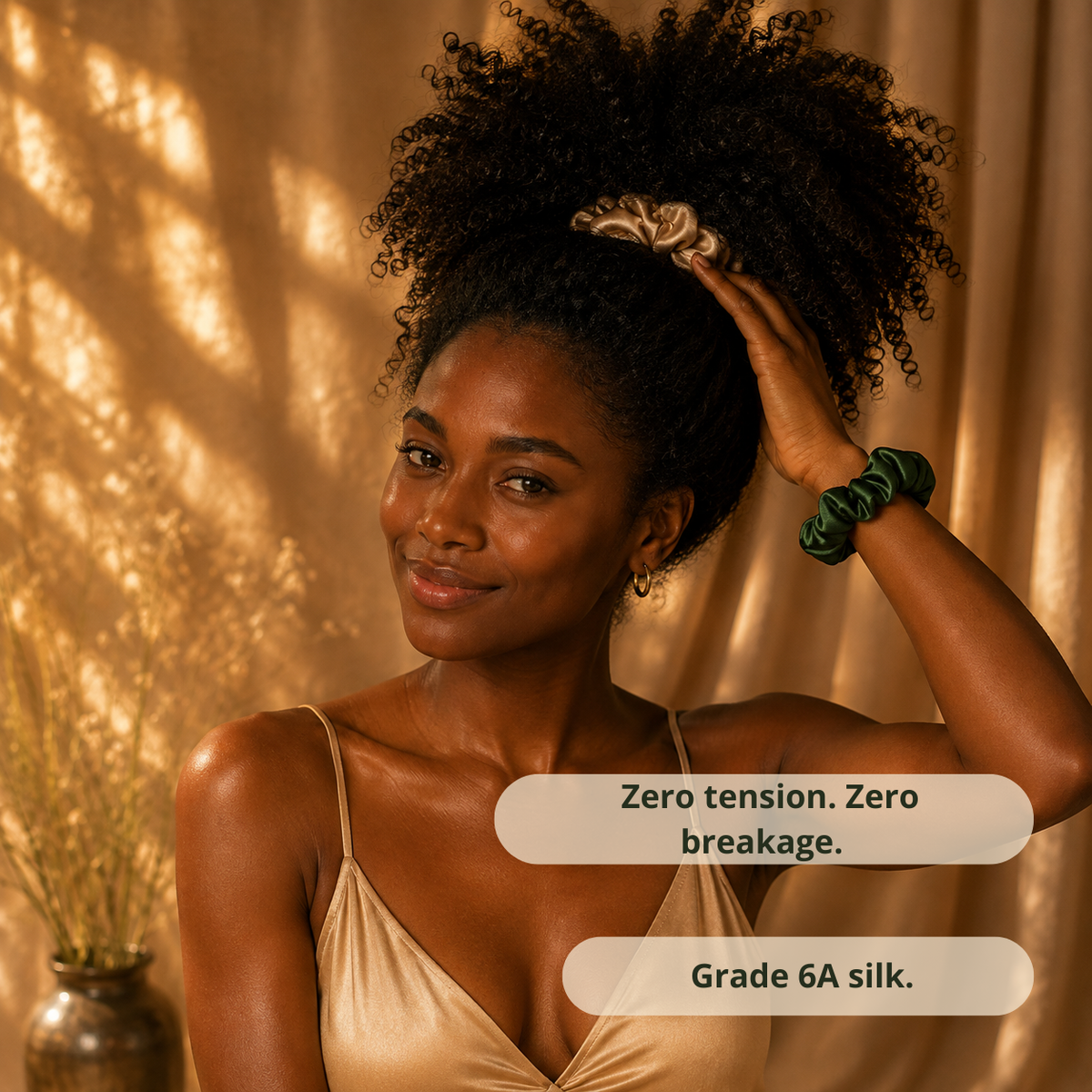 Woman wearing NUBALKIA silk scrunchie high puff natural curly hair zero breakage