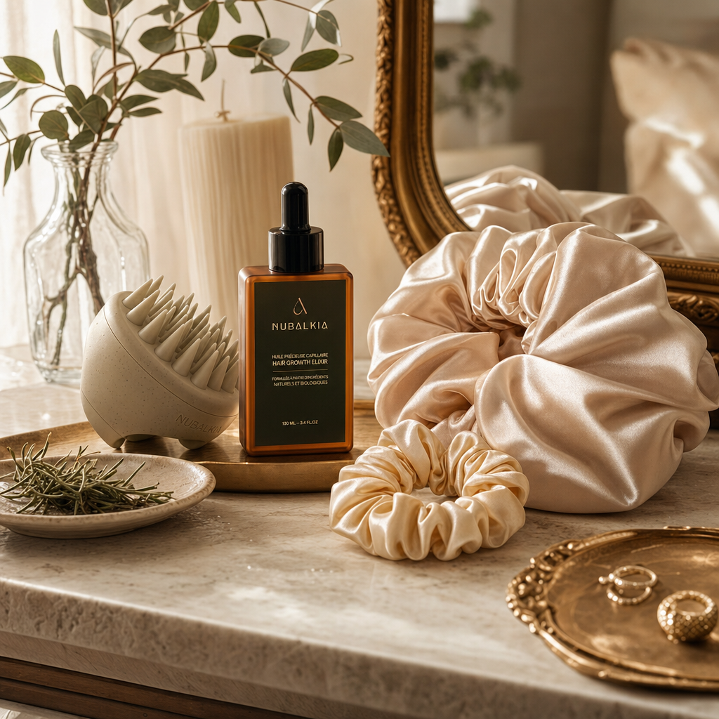 NUBALKIA coffret flat lay all products botanical hair care
