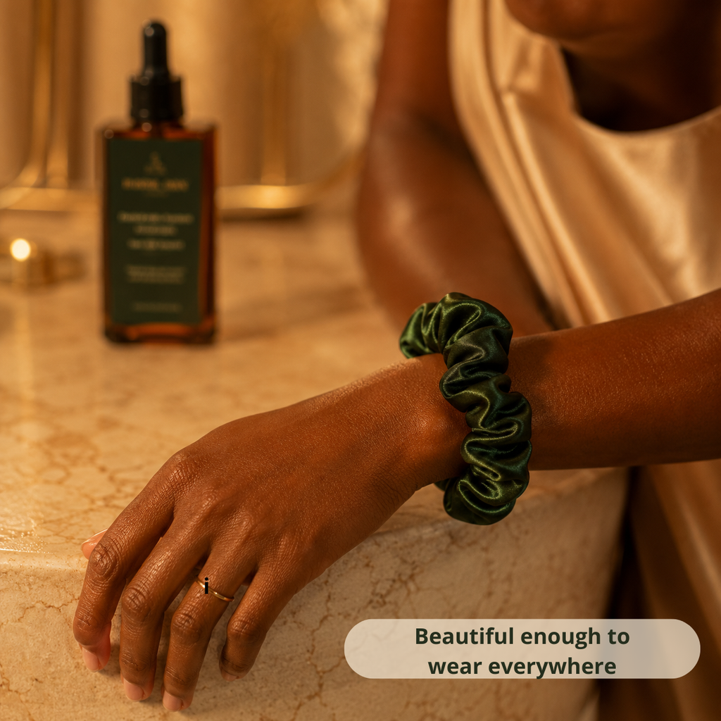 NUBALKIA forest green silk scrunchie on wrist bracelet style accessory